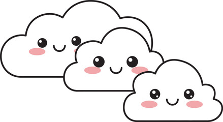 Three Cute Cartoon Clouds with Happy Faces.