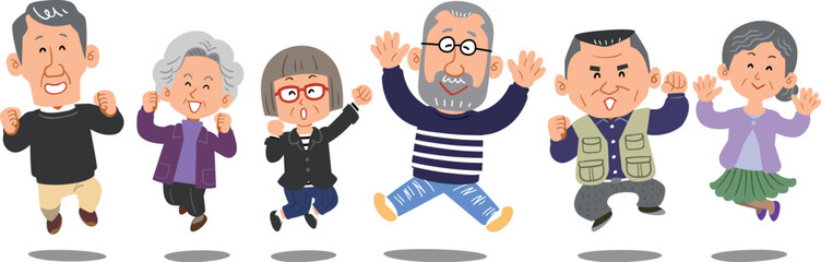 横一列でジャンプするシニアの男女