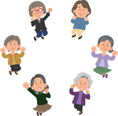 輪になってジャンプするシニアの女性