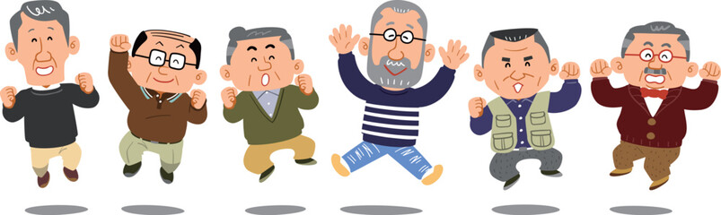 横一列でジャンプするシニアの男性たち