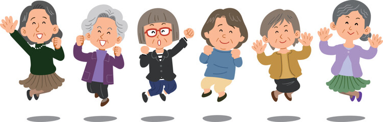 横一列でジャンプするシニアの女性たち
