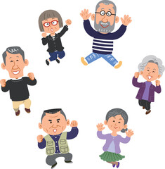 輪になってジャンプするシニアの男女