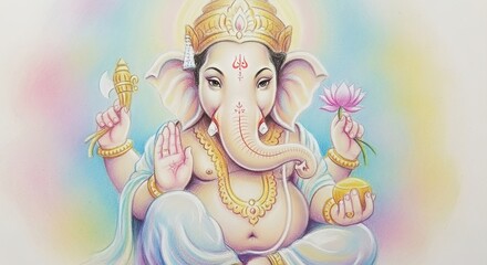 Vibrant watercolor illustration of the Hindu deity Ganesha, depicted with an elephant head, four arms, holding a lotus, modak, and axe, against a soft pastel background.
