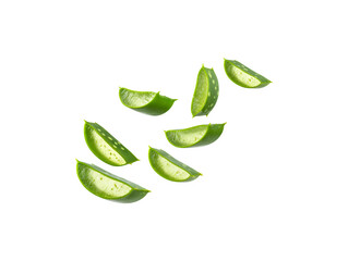 Seven slices of fresh aloe vera floating gracefully in the air
