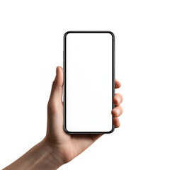 Hand holding smartphone with blank screen, isolated on white background.