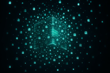 A luminous teal wireframe cube at the center of a vast network of smaller digital blocks on a dark background.