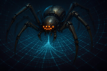 A futuristic mechanical spider with multiple glowing orange eyes stands on a luminous blue digital web.