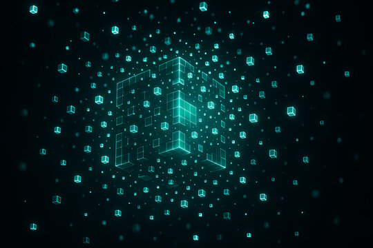A luminous teal wireframe cube at the center of a vast network of smaller digital blocks on a dark background. - Powered by Adobe