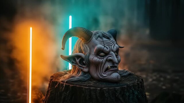 Creepy Krampus mask on tree stump for Halloween horror video background or evil fantasy concept