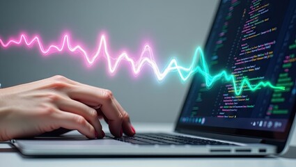 A person's hands type on a laptop keyboard, with a dynamic graphic of a data chart overlaying the screen.