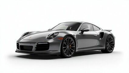 Sleek, metallic gray sports car presented against a plain white backdrop, showcasing its sharp lines and sophisticated design.