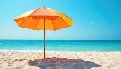 Vibrant beach umbrella casting shade on sun-drenched sand, offering respite from the summer heat Perfect for travel, vacation, and relaxation themes Enjoy the tranquil beach scene , sky, leisure