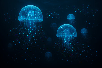 Bioluminescent digital jellyfish with AI and cryptocurrency symbols glowing in a dark, abstract deep sea.