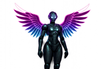A futuristic female android with a sleek black body and large, glowing pink and blue angelic wings.