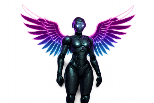 A futuristic female android with a sleek black body and large, glowing pink and blue angelic wings.