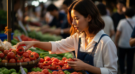 A mindful young Asian woman meticulously selects fresh, ripe red tomatoes from a vibrant stall at a bustling outdoor farmers market