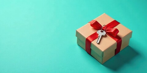 A Gift Box with a Key Tied to a Red Ribbon on a Teal Background