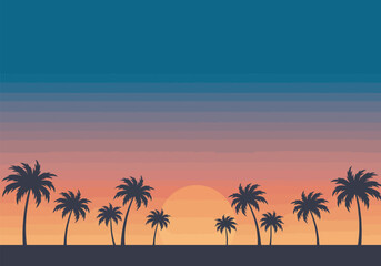 Silhouetted Palm Trees at Sunset Tropical Beach Scene.