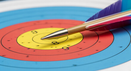 Archery arrow hitting bullseye on target close up for success and accuracy