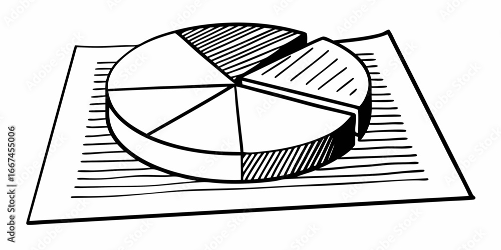 Poster hand drawn illustration of a pie chart on a paper with different sections and diagonal lines