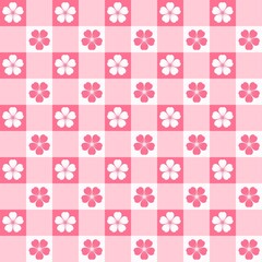 Pink Gingham Checkered Pattern Background with Sakura Flowers