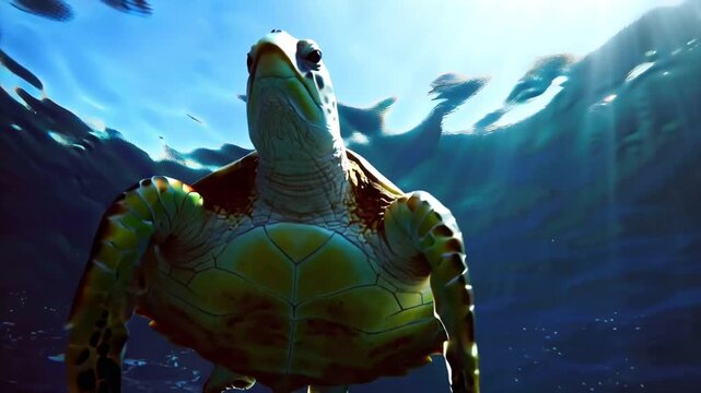 A tropical green turtle and marine fish swim around a vibrant coral reef in the blue ocean