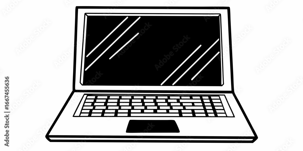 Poster illustration of an open laptop with a black screen keyboard and trackpad in a simple line drawing st