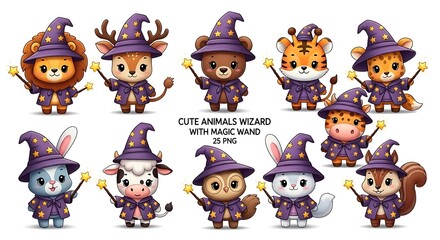 Obraz premium Cute cartoon animals dressed as wizards holding magic wands and wearing wizard hats image photo
