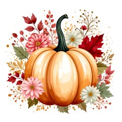 Pumpkin surrounded by fall flowers and leaves
