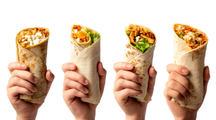 Four diverse wraps held by hands against a white background, cut out transparent