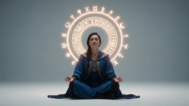 Meditating woman radiating magic symbols