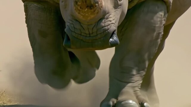 Charge of the Rhino: Experience the raw power and untamed spirit of the rhino as it charges head-on, creating a dramatic spectacle. witness its muscular form, thick hide, and determination.
