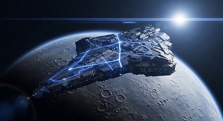 Futuristic Spaceship Orbiting Moon: Sci-Fi Stock Photo -  High-Resolution CGI Render of Spaceship in Space.