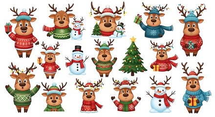 Obraz premium Festive Christmas Reindeer and Snowman Characters Wearing Sweaters and Hats with Lights and Gifts