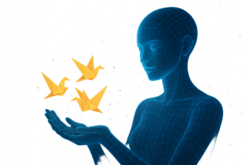 A futuristic blue wireframe woman gently releases three golden origami paper cranes from her hands.