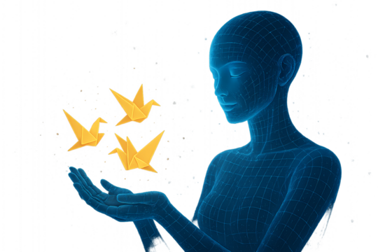 A futuristic blue wireframe woman gently releases three golden origami paper cranes from her hands.
