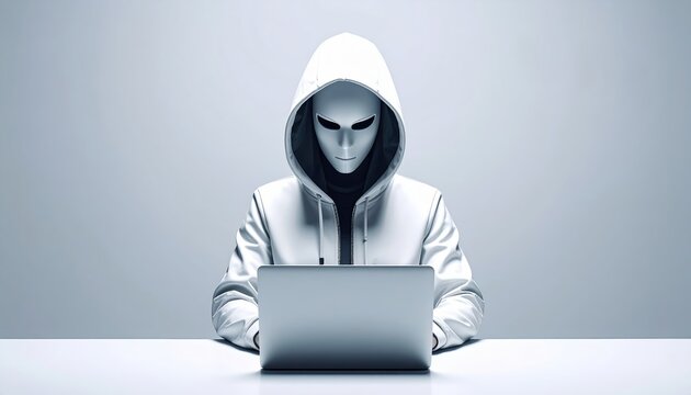 Anonymous hacker with futuristic mask coding on laptop in a digital environment