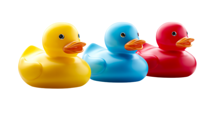 Row of Three Colorful Rubber Ducks Yellow Blue Red on White Surface, cut out transparent