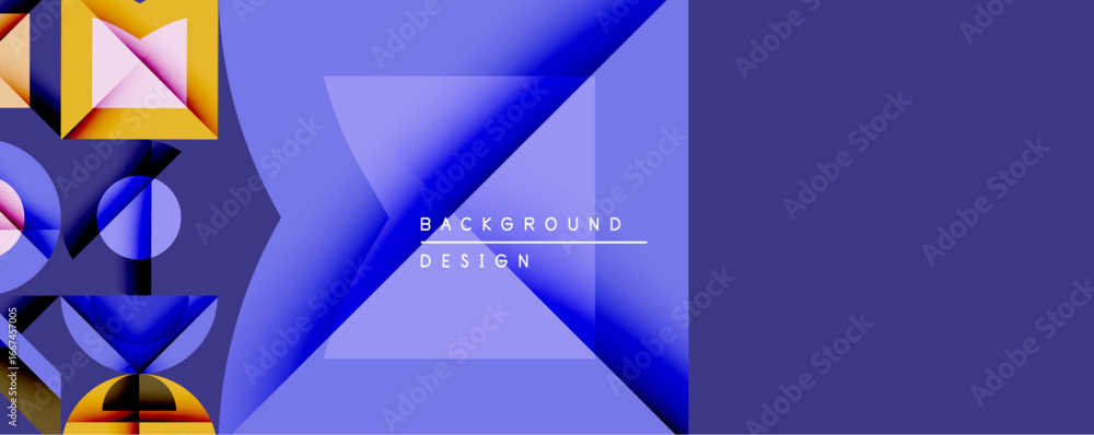 Poster abstract geometric composition. blue, yellow, pink shapes overlap creating dynamic visual effect. mo