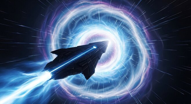 Spaceship Warp Speed Through Wormhole: Sci-Fi Stock Photo - Futuristic Space Travel Concept.