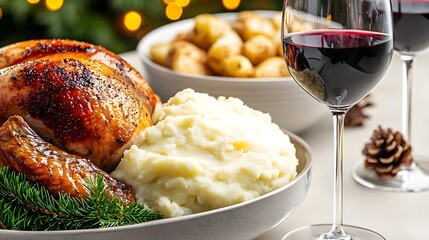 A beautifully arranged holiday meal featuring roasted turkey, mashed potatoes, and red wine, creating a festive atmosphere.