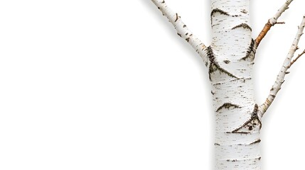 A close-up view of a white birch tree trunk showcasing its unique texture and patterns against a clean background.