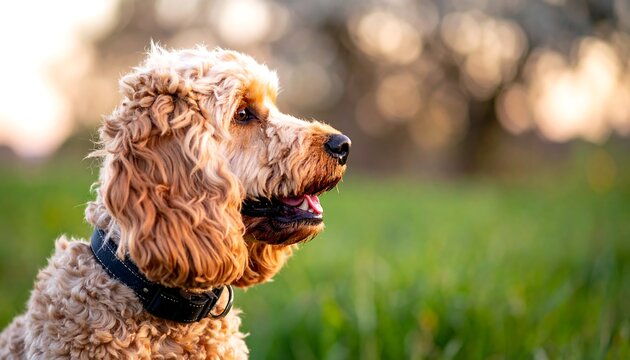 A fluffy, light brown dog sits in a grassy field, looking to the right, bathed in warm, golden sunlight