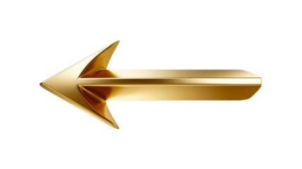 Golden Arrow Pointing Left With Sharp Edges on White Background, cut out transparent