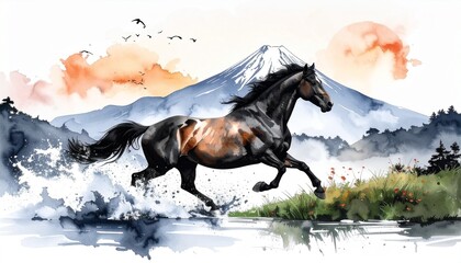 Obraz premium 駆ける馬と富士山の水彩・水墨画イラスト 午年の年賀状素材