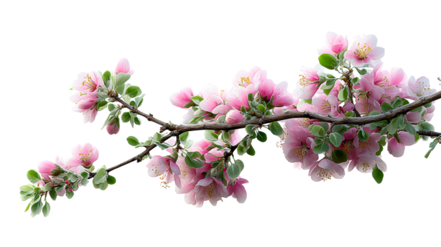Branch with pink apple blossoms and green leaves on white background, cut out transparent - Powered by Adobe