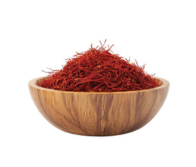 Fototapeta premium Saffron threads in wooden spoon, isolated on white background close-up