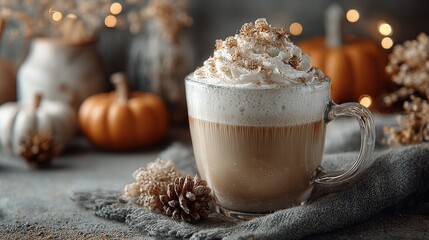 Glass cup of pumpkin spice latte in 10 oz size with creamy whipped topping and festive Halloween sprinkles, warm coffee beverage placed in minimalist background creating cozy seasonal atmosphere