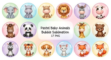 Fototapeta premium Pastel Baby Animals in Bubbles for Sublimation Designs cute adorable