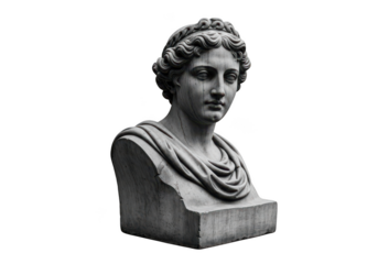 Ancient greek marble bust of a woman with elaborate hairstyle in monochrome tones transparent background